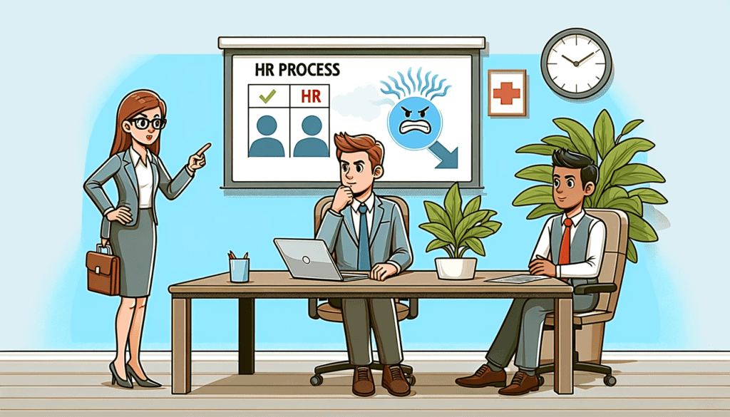 The final image shows a professional in a meeting with HR, portraying the escalation process when addressing issues with a problematic coworker.