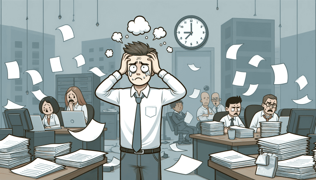 This image depicts a stressed employee in a chaotic office setting, highlighting the negativity of a toxic work environment.