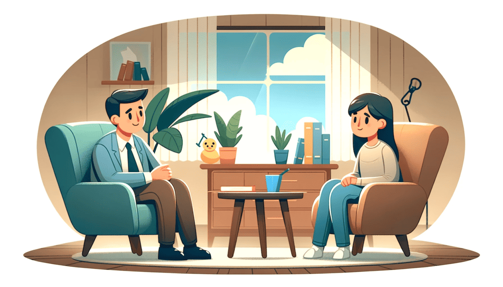 This image shows a character consulting with a mentor or therapist in a serene environment, symbolizing the importance of seeking support.