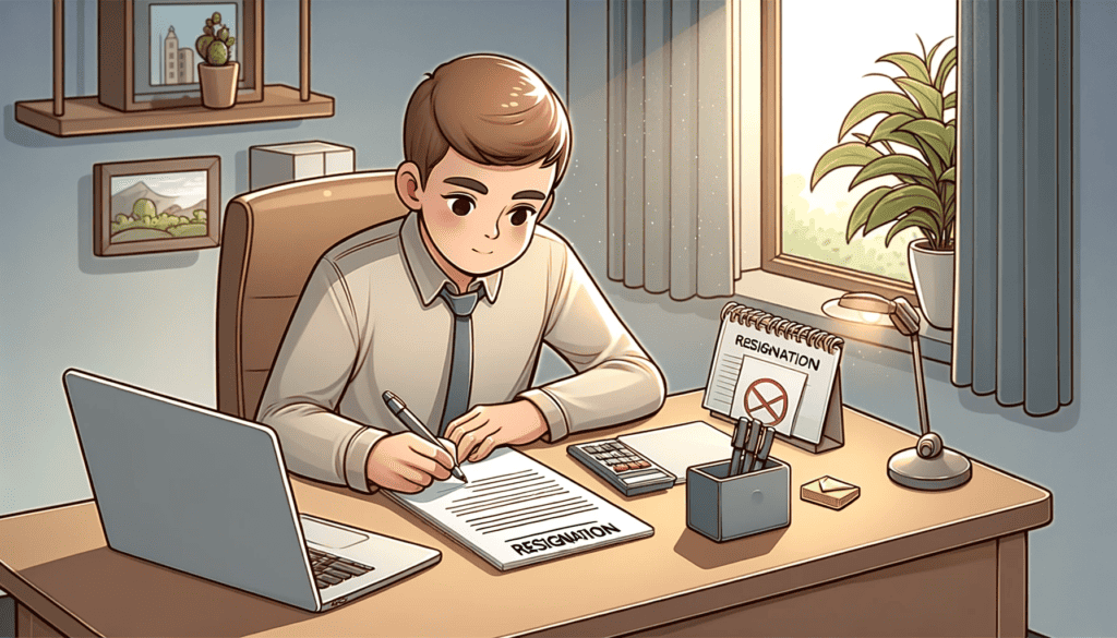 The image portrays a character thoughtfully composing a resignation letter, emphasizing planning and professionalism.
