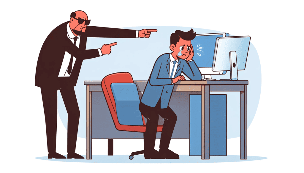 This image depicts an employee sitting at their desk, looking overwhelmed as their boss micromanages their work. The boss's overbearing presence symbolizes the stress and frustration caused by excessive oversight.