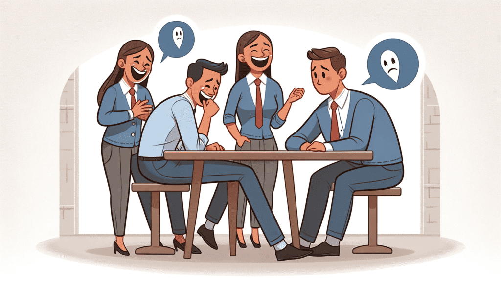 image illustrates a scene of social exclusion. It shows a group of coworkers laughing and talking together, while one person is left out, standing at a distance, feeling sad and isolated.