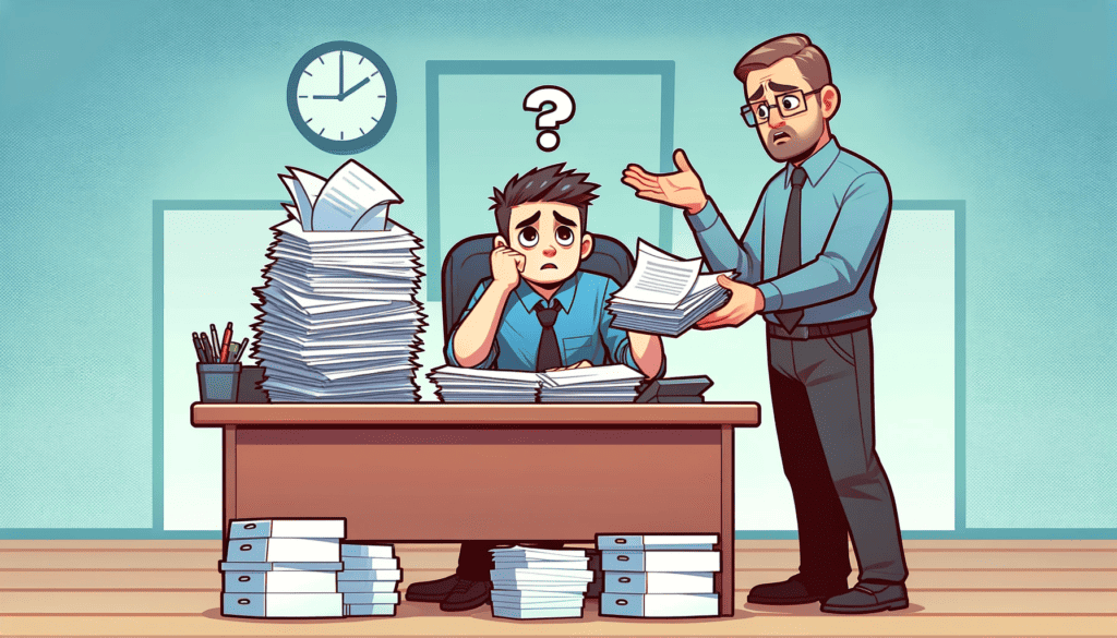 This image shows a person at their desk, surrounded by piles of paperwork and looking stressed. Their boss is handing them even more work, symbolizing the challenge of being overwhelmed with responsibilities, especially without adequate training or support.