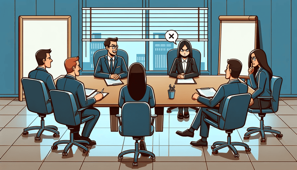 The final image depicts a professional meeting room where a group is having a meeting. One person is visibly ignored by others, symbolizing exclusion from important meetings and discussions. This represents the feeling of being disregarded and sidelined in professional settings.