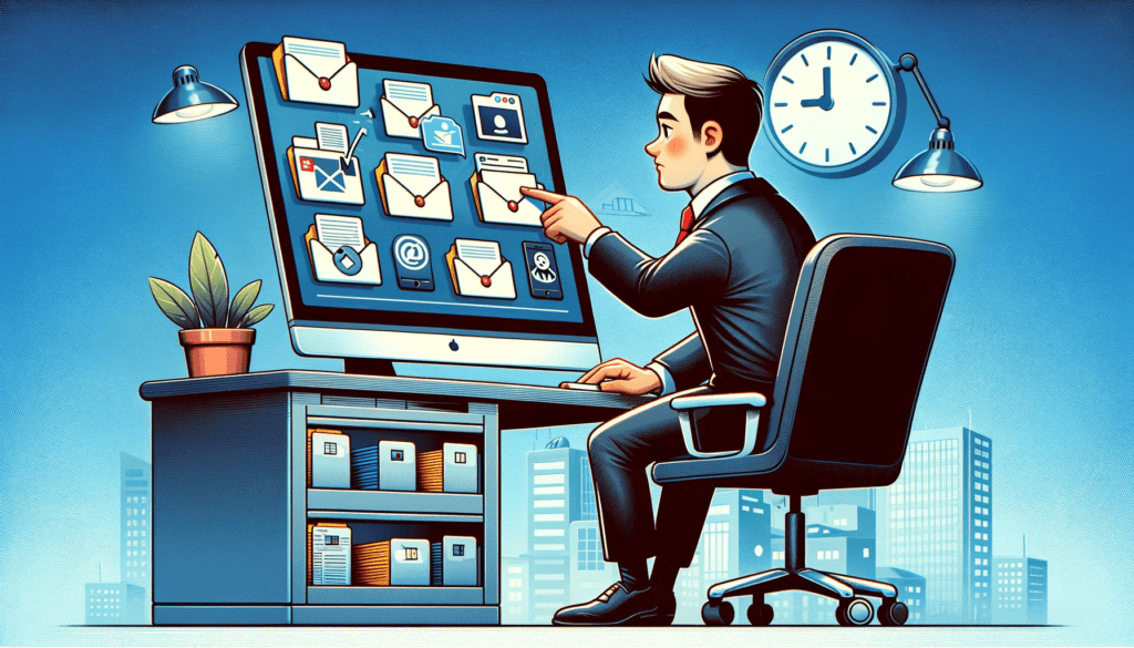 Image of an office worker organizing digital evidence on a computer.