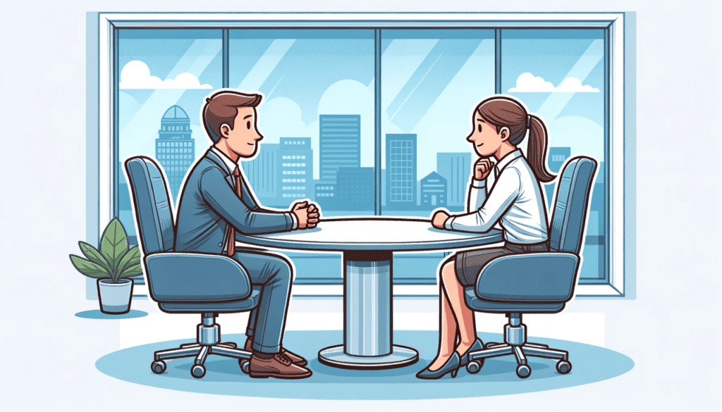Image of an office worker having a one-on-one conversation with a colleague.