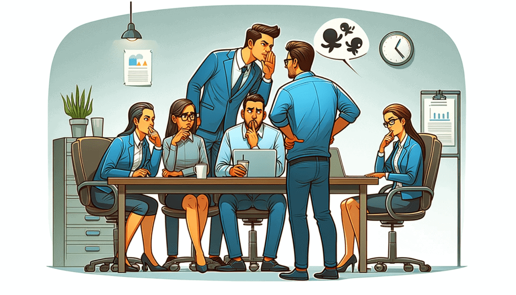 Here, we see a team meeting where one employee is subtly undermining another by whispering and spreading rumors. This scene highlights the negative impact of jealousy on team trust and cohesion.
