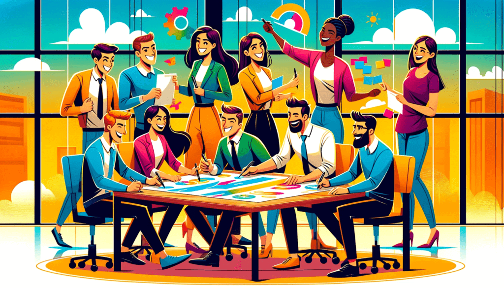 This vibrant cartoon-style image depicts a group of office workers engaged in a fun and interactive team-building exercise. They are collaborating on a creative project, each contributing in a unique way, showcasing smiles, teamwork, and a sense of community. This scene emphasizes the positive impact of fostering a cooperative and supportive workplace culture to combat jealousy.