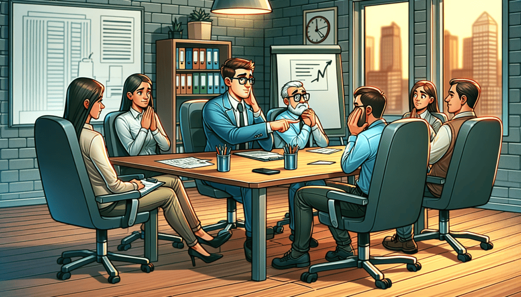The boss is shown in a meeting, actively ignoring an employee who is trying to offer advice or input. The employee looks prepared to contribute but is visibly being overlooked.