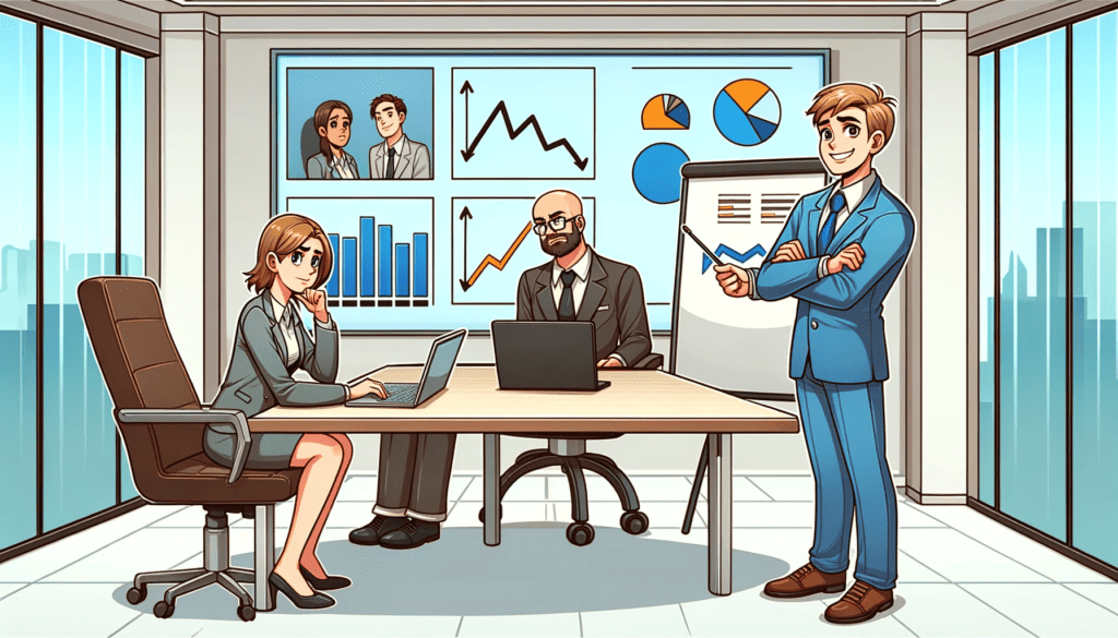 An employee is shown presenting a successful project or achievement. The boss, present in the scene, is either looking away, uninterested, or focusing on something else, blatantly ignoring the employee's accomplishment.