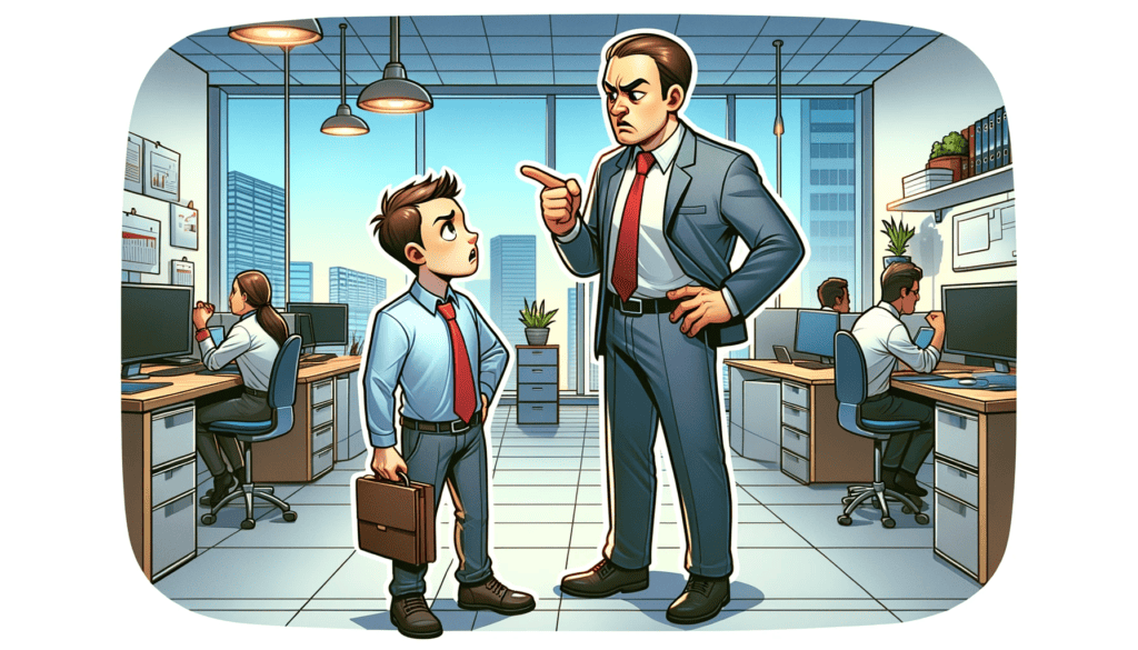 This image depicts a professional workplace scenario where an employee feels undermined by their boss. The boss appears dismissive, while the employee looks concerned and disheartened, highlighting the challenging workplace dynamic and its impact on the employee's confidence.