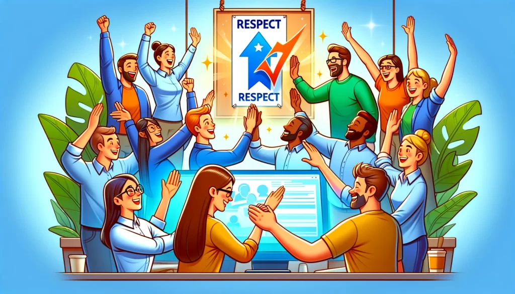 A vibrant celebration of a team's achievement, emphasizing the power of appreciation, teamwork, and mutual respect in driving productivity and morale.