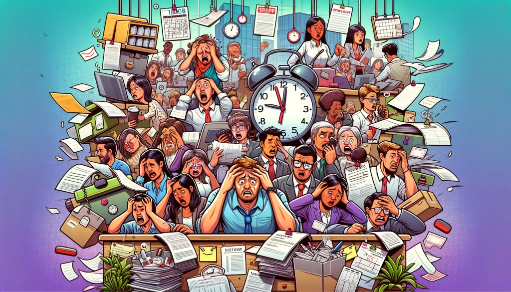 This image depicts a diverse group of people in a busy office environment looking stressed and overwhelmed, symbolizing the constant pressure of deadlines and tasks.