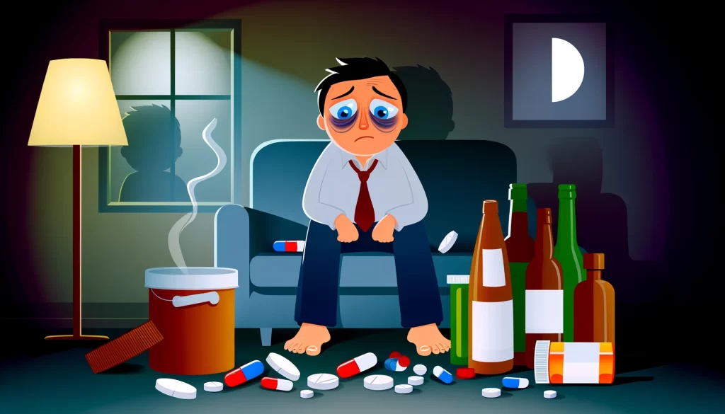  An illustration showing a character using alcohol and drugs as coping mechanisms for work stress, highlighting the negative impact of such strategies on mental and physical health.