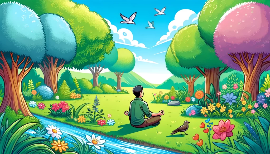 This image portrays a person taking a deep breath in a serene park, representing a moment of self-care and stress relief, emphasizing the importance of disconnecting and finding tranquility.
