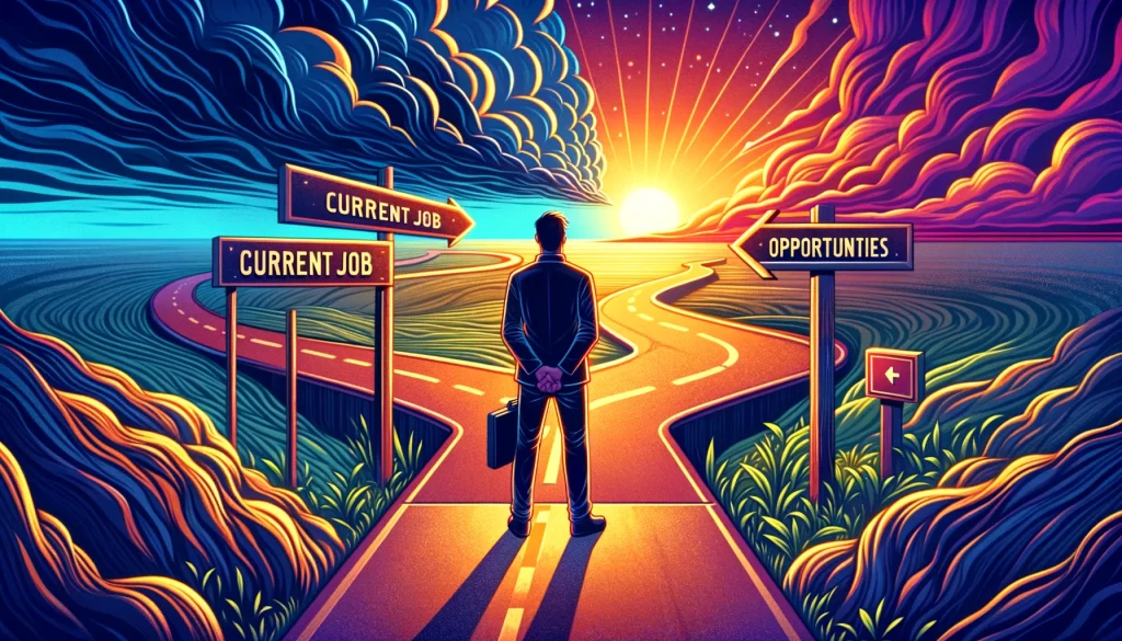 An illustration featuring a person standing at a crossroads, symbolizing the moment of career reassessment and decision-making, with signs reading "Current Job" and "New Beginnings."