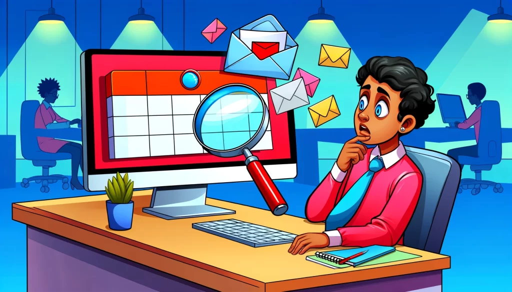 A person sitting at their desk with a noticeably empty email inbox and a calendar void of assignments, highlighting isolation from work activities in a lively office.