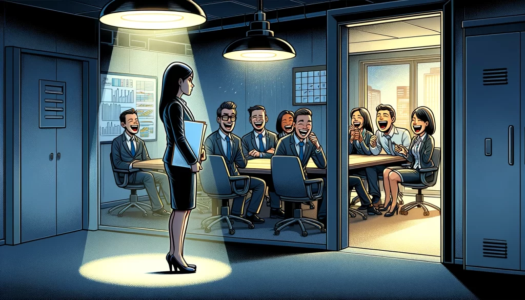 A cartoon-style depiction of an employee standing alone in a dimly lit corner of an office, holding a file and looking longingly towards a brightly lit conference room where colleagues are engaging in a meeting without him, symbolizing exclusion from important decision-making processes and the feeling of being undervalued at work.