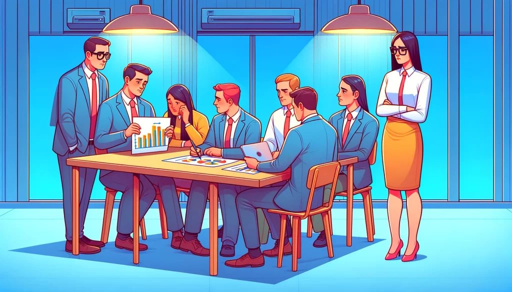 A vibrant cartoon-style image illustrating a small group of employees gathered around a table in a well-lit office, focusing on a chart, while a single employee sits apart, looking disheartened with their work ignored on the side, highlighting the theme of unequal treatment and favoritism in the workplace.