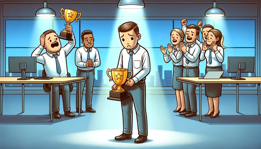 In this cartoon-style image, an employee holding a small trophy with a sad expression stands alone, while in the background, a team excessively celebrates another employee's minor achievement with a large trophy, illustrating the feeling of one's significant achievements being overlooked and the issues of inadequate recognition within the workplace.