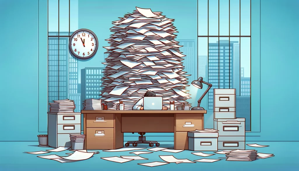 A cartoon-style image showing an office setting where a single employee is visibly stressed and overwhelmed, buried under a mountain of paperwork at their desk against a backdrop of a chaotic office environment, emphasizing the detrimental effects of high demands without adequate support, and the need for a supportive workplace.