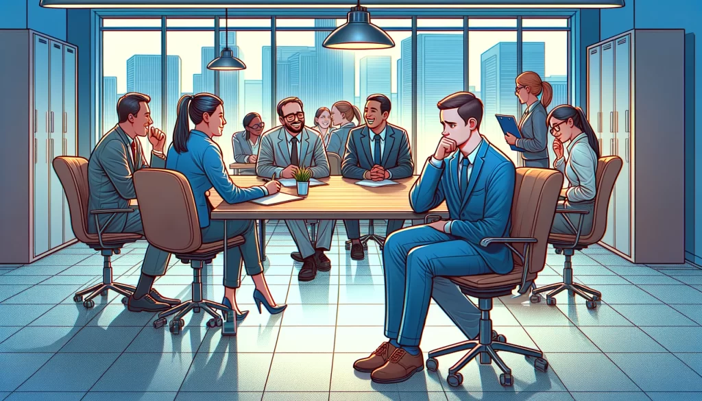 An image showing a group of employees engaging in a meeting while one person sits isolated, highlighting the theme of exclusion.