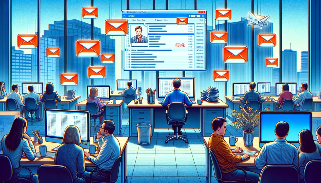 Depicts an employee receiving no responses to their emails and messages, emphasizing the isolation aspect of silent treatment.